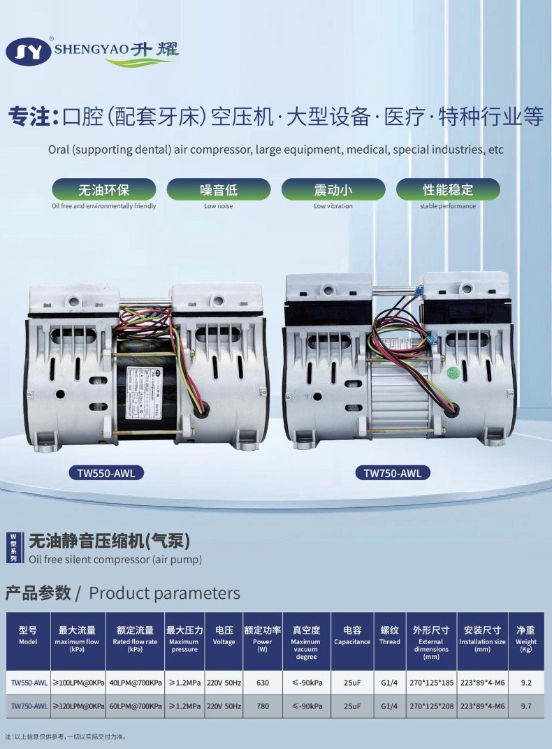 Foshan Shengyao Oil-Free Silent Air Pump Piston Small High-Flow Dental Air Compressor Air Compressor 600W