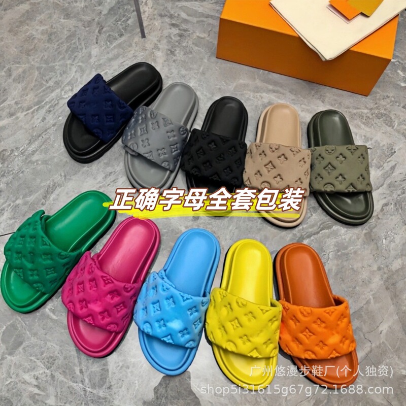 High-Quality Embossed Velcro Thick-Soled Slippers for Women, Summer 2026, Versatile Casual Embossed Couple's Large-Size Slide Sandals