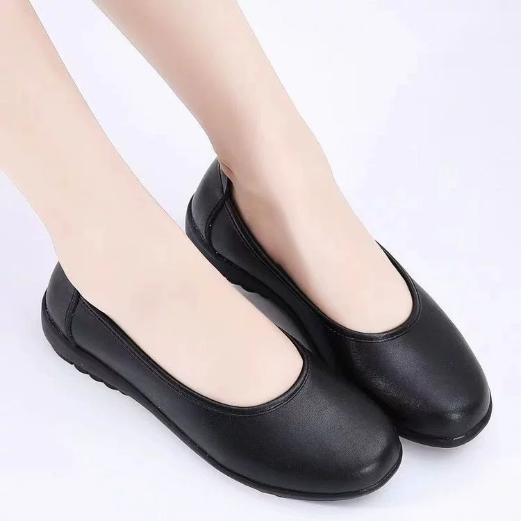 Четыре сезона тяжелая рабочая обувь черная плоская профессиональная стюардесса круглая голова мягкая подошва кожаная обувь женская одиночная обувь противоскользящая