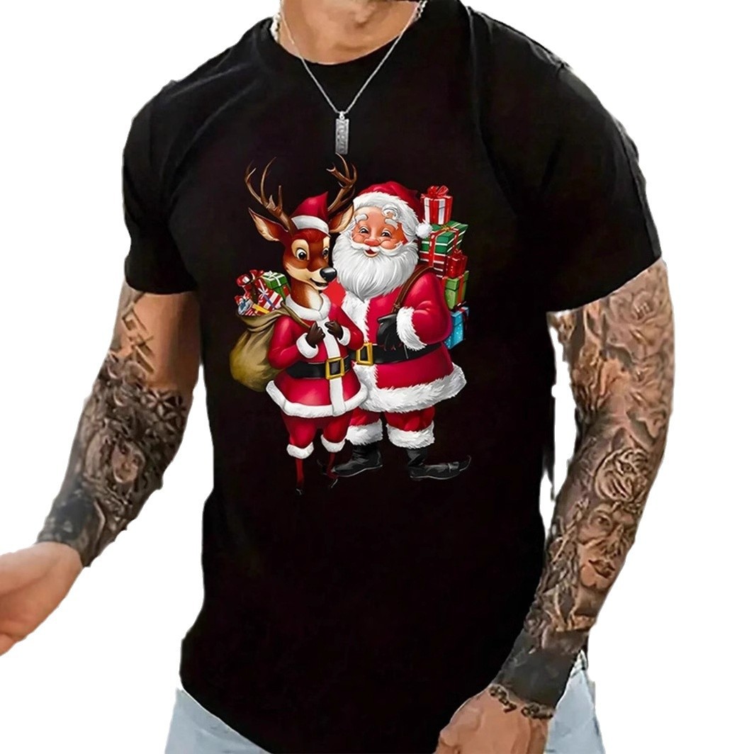 2024 Fun Christmas Series 3D Impresión digital Camiseta de manga corta transpirable de malla suelta de verano para hombre