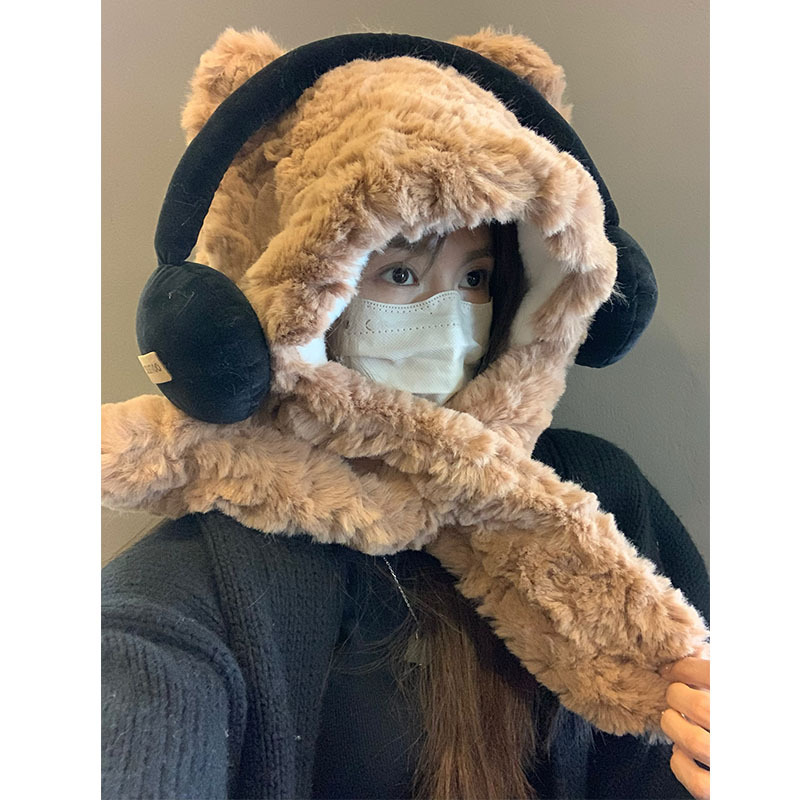 Furry winter thick cute headphones, teddy bear scarf in one, plush ear protection, Lei Feng hat, headband cover_viptrois.com