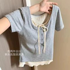小香风假两件正肩短袖t恤女装夏季小个子设计感小众显瘦百搭上衣