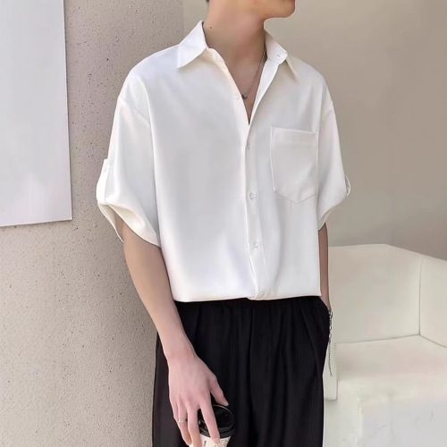 Men's Short Sleeve Han Style Trendy Top, 7/8 Sleeve Blouse, Light Mature Style, Cooler Style Summer Ice Silk Feeling Collarless Shirt