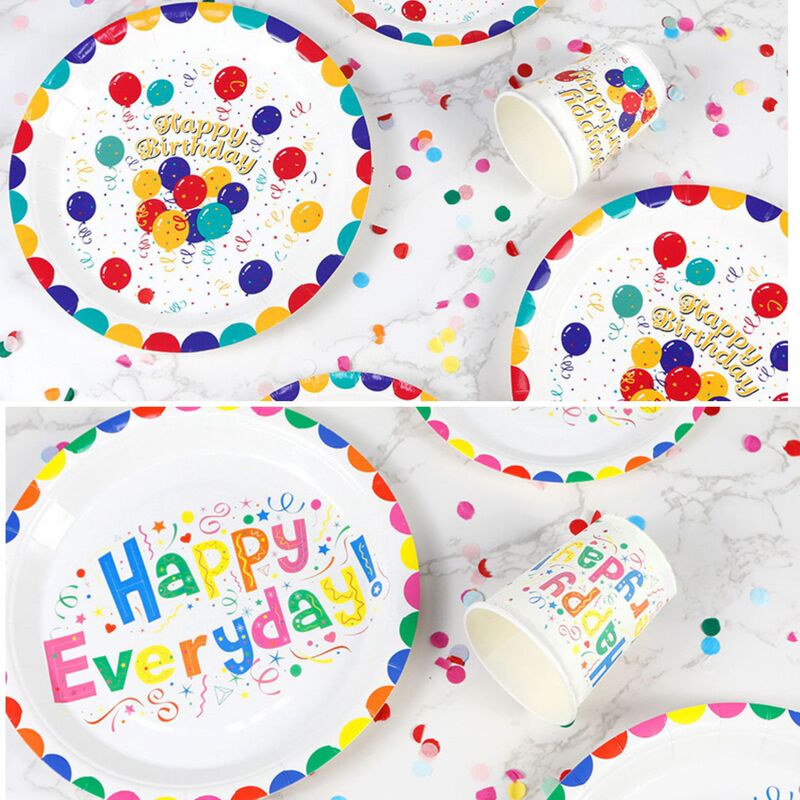 New Paper Plate Happy Birthday Color Printed Balloon Paper Cup Paper Plate Set European and American Birthday Party Disposable Poly