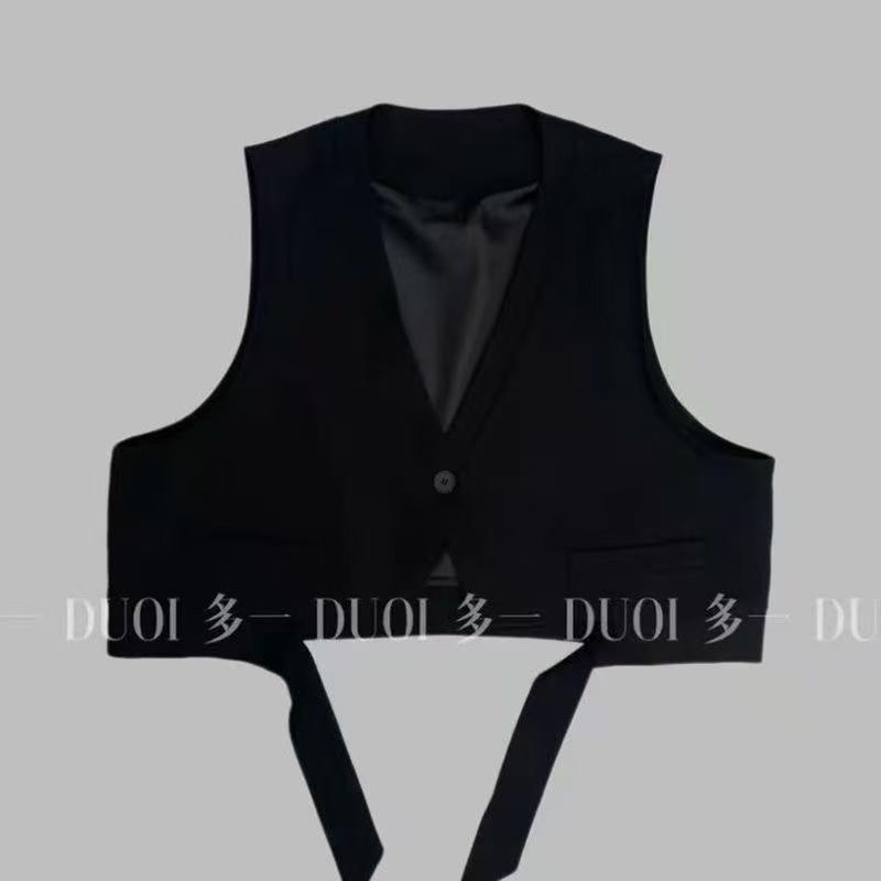 西装马甲秋季不规则飘带坎肩一粒扣无袖外搭马甲2025黑色马甲|undefined