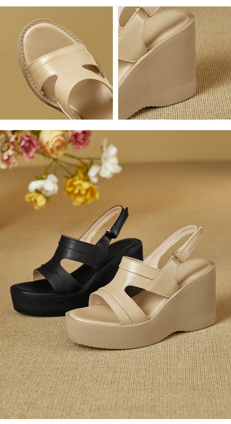 Sandal nữ hở mũi đế xuồng da bò cao gót quai ngang phong cách La Mã — đen chi tiết 9