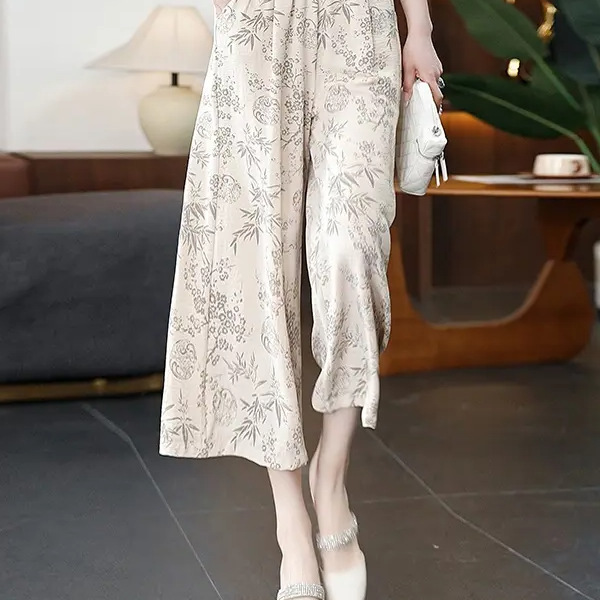 2025 New Summer Style Large Size Fat mm Ice Silk Culottes Slimming Look High Waist Loose Big Foot Pants Floral Skirt Black 2025 New Summer Style Large Size Fat mm Ice Silk Culottes Slimming Look High Waist Loose Big Foot Pants Floral Skirt Black