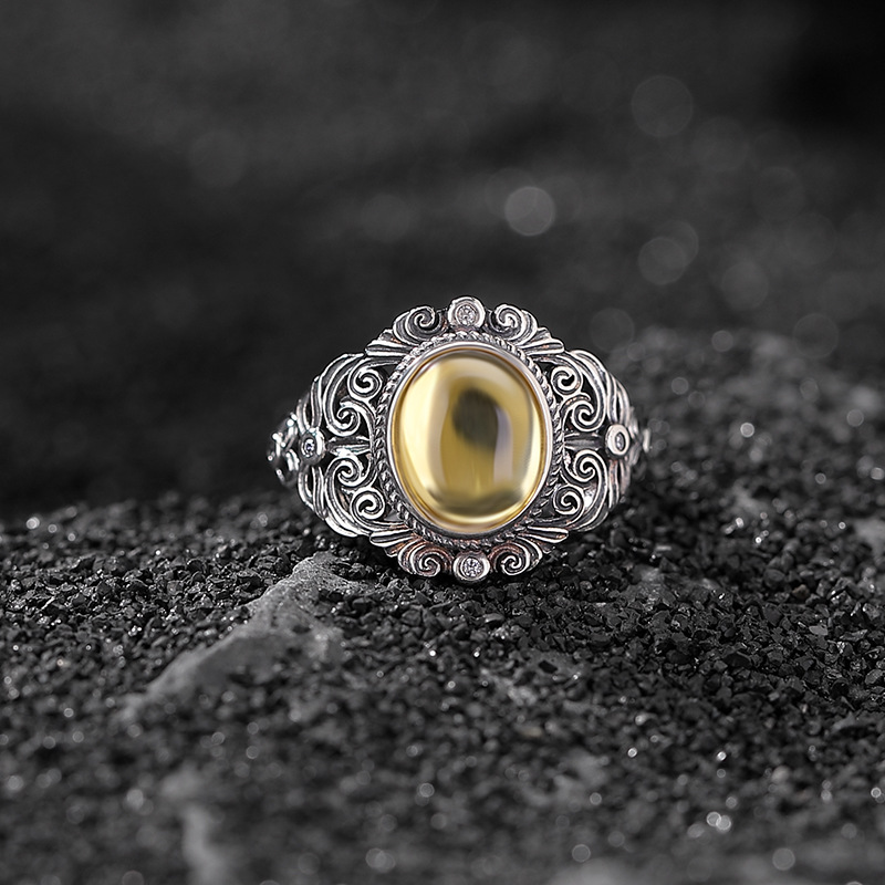 Nhẫn bạc S925 đính đá Citrine tự nhiên hình bầu dục rỗng họa tiết xoắn phong cách châu Âu — một mảnh