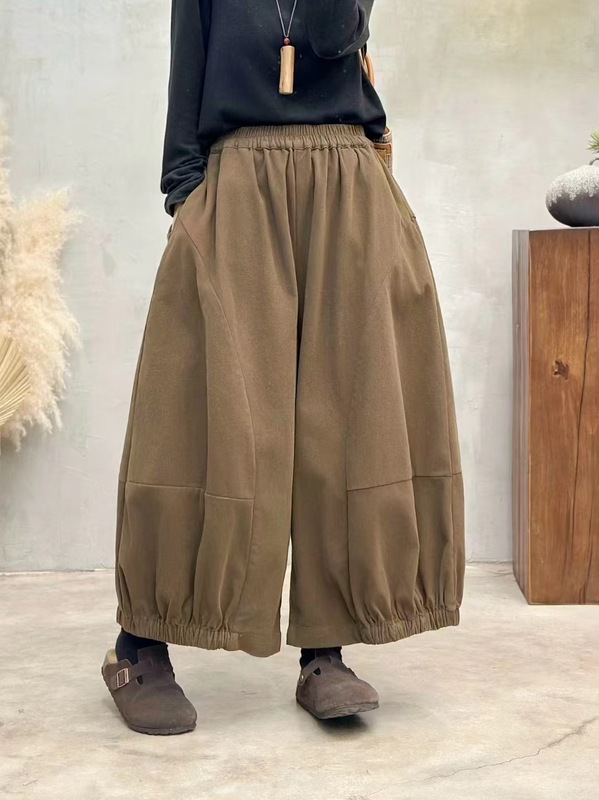新品复古立体拼接花苞阔腿裤女松紧腰纯色宽松百搭九分靴裤|undefined