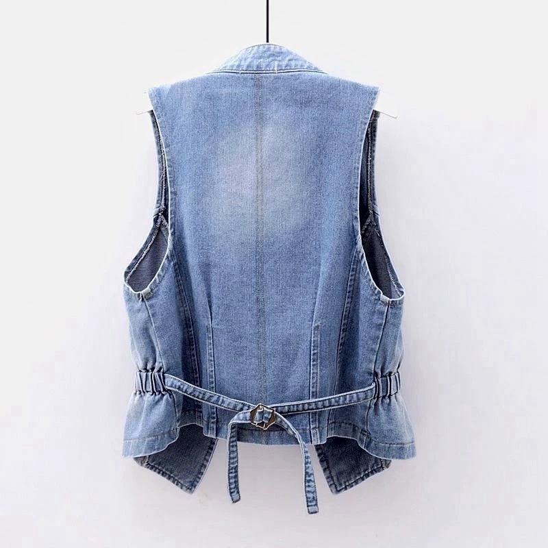 Denim Vest Women's Short Korean Style Spring and Summer New Epaulettes Rivets Double-Breasted Sleeveless Vest Waistcoat Slimming Look Top