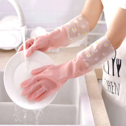 Women's dishwashing gloves thickened housework kitchen durable laundry long gloves plus velvet rubber waterproof household