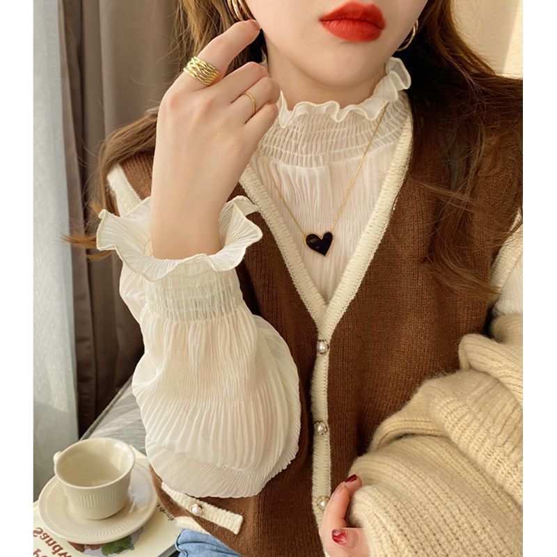 立领杏色蕾丝打底衫女春秋2025新款加绒内搭雪纺衬衫木耳边纱上衣|undefined