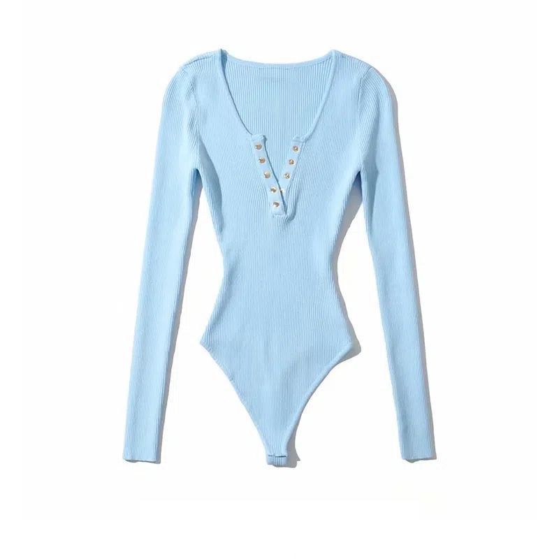 Cross-Border Wholesale European and American V-Neck Buttoned Long-Sleeve T-Shirt Hot Girl Bodysuit Women's Fashion Slim-Fit Solid Color Sexy Top Trendy Cross-Border Wholesale European and American V-Neck Buttoned Long-Sleeve T-Shirt Hot Girl Bodysuit Women's Fashion Slim-Fit Solid Color Sexy Top Trendy