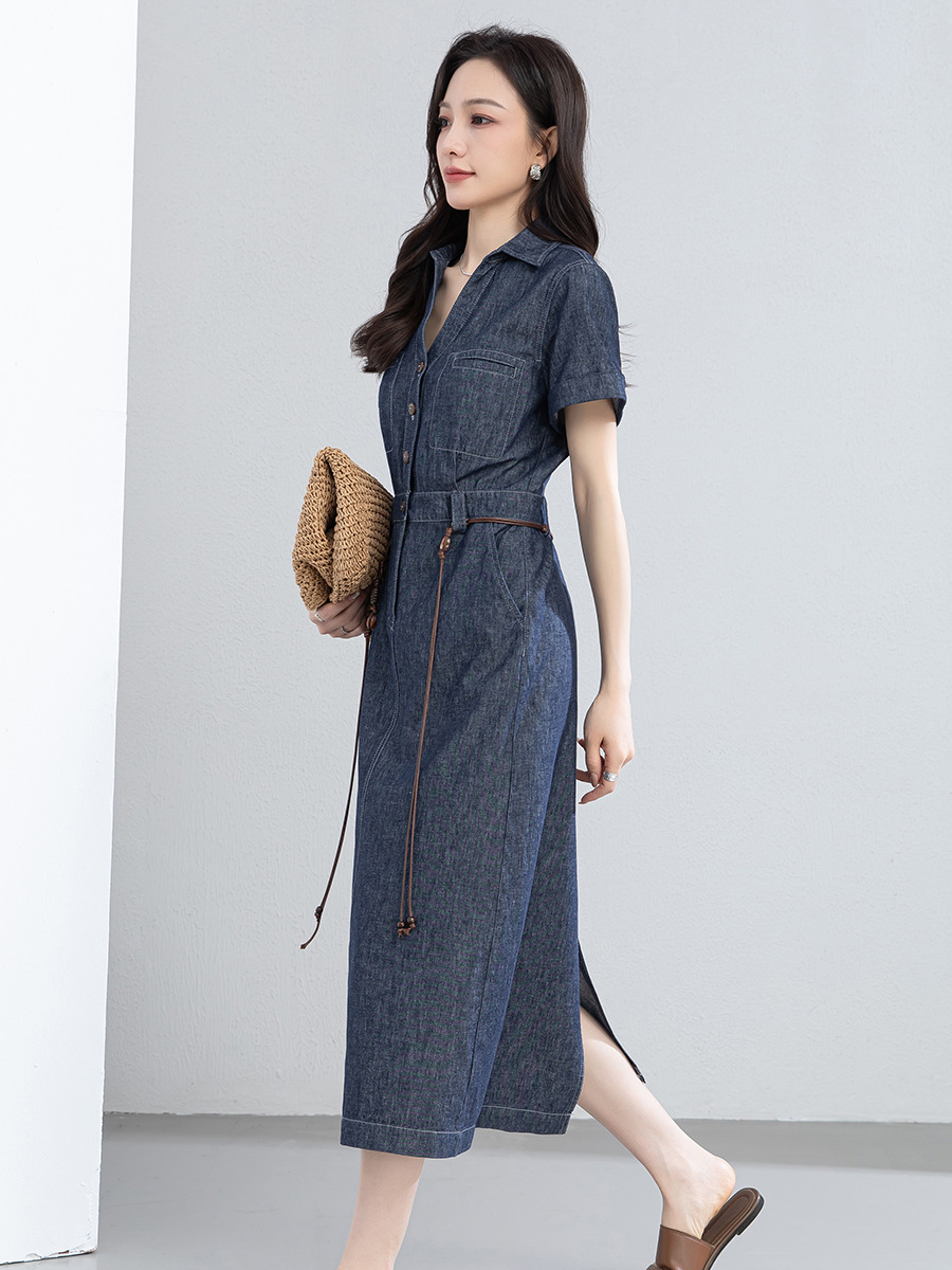 Đầm maxi nữ thắt eo tay ngắn chất liệu cotton pha linen phong cách Pháp — Xanh da trờicolor