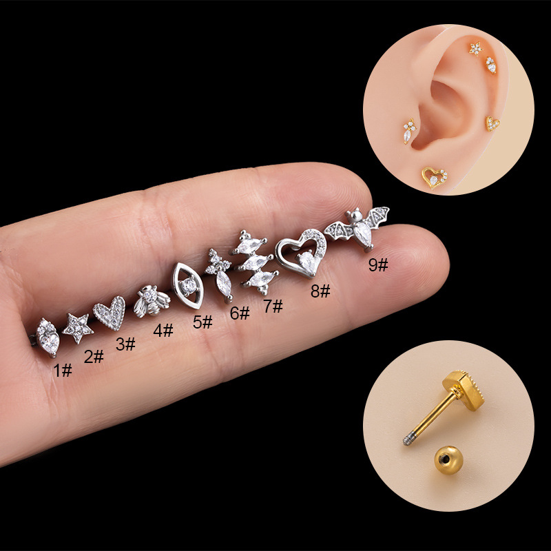 1 Piece Fashion Heart Shape Plating Inlay Stainless Steel Zircon Ear Studs display picture 2