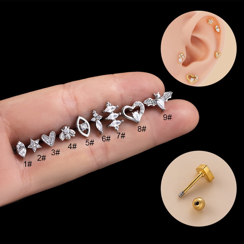 Fashion Heart Shape Stainless Steel Plating Inlay Zircon Ear Studs 1 Piece