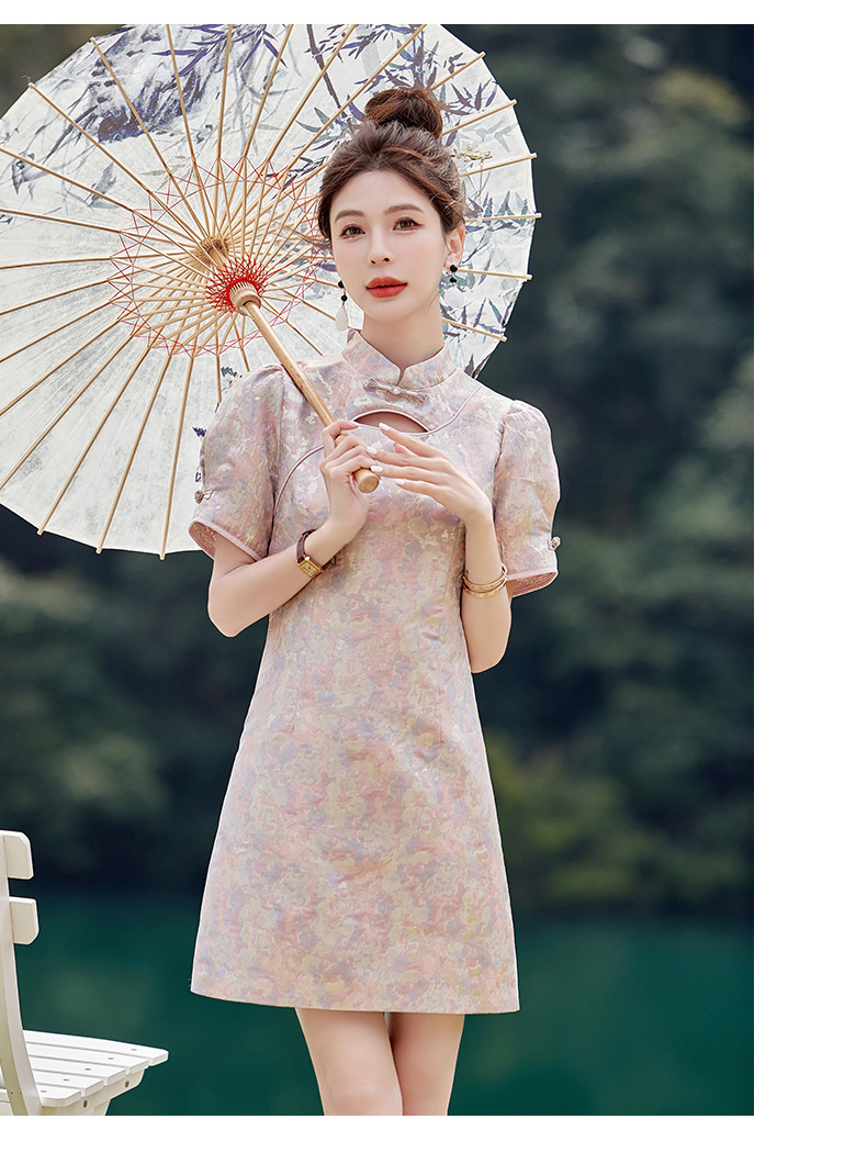 Váy maxi nữ phong cách Trung Quốc mới, cổ đứng cúc bọc, dáng dài vừa phải, thanh lịch thời trang — Màu xanh lam, Màu hồng chi tiết 13