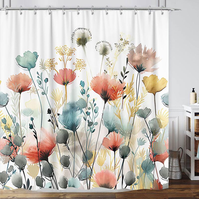 Cross-border one-piece bathroom partition rustic bohemian floral shower curtain, bright and colorful watercolor