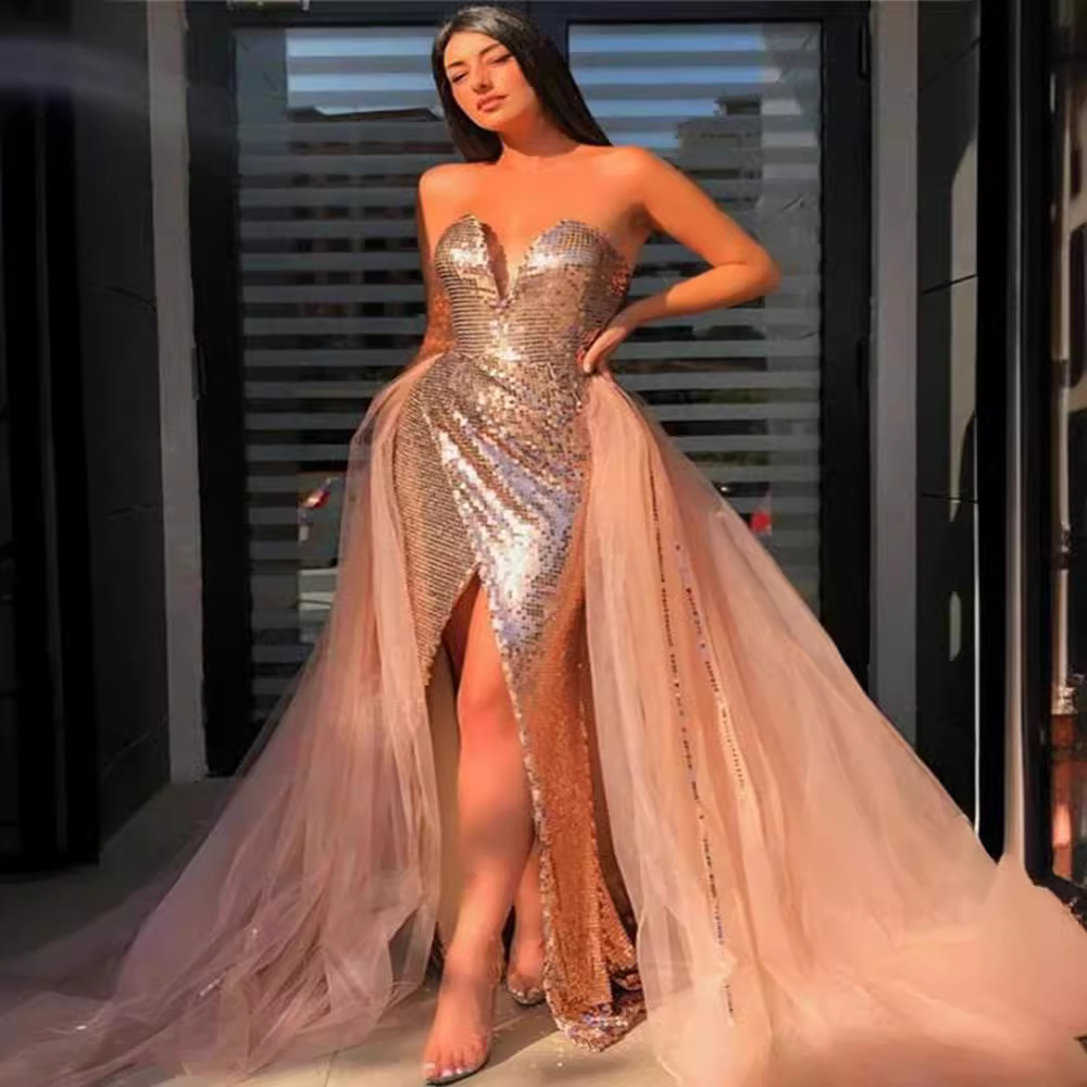 Vestido de Noche Elegante con Abertura y Lentejuelas Doradas, Estilo Europeo y Americano, Novedad de Primavera-Verano 2025 para Mujer