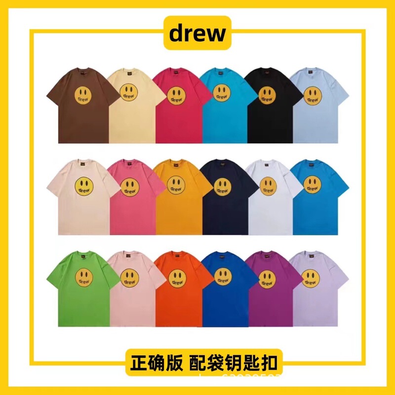 Drew Smiley Face Double Yarn Fabric Short Sleeve Justin Bieber Same Style High Street Loose Style Unisex T-shirt