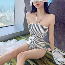 2023春季新款连体泳衣休闲泳衣带胸垫无钢托无袖三角连体泳衣女