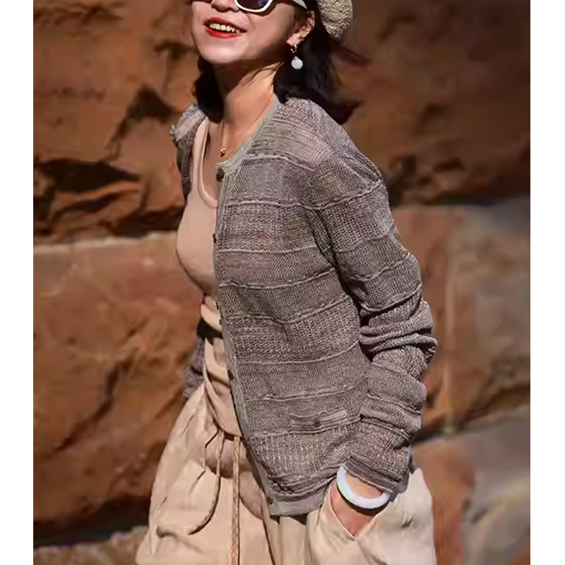 【Small Order】Linen Cotton Hollow-Out Thin Knit Cardigan with a French Relaxed Vacation Vibe, Physical Sun Protection Air-Conditioning Shirt
