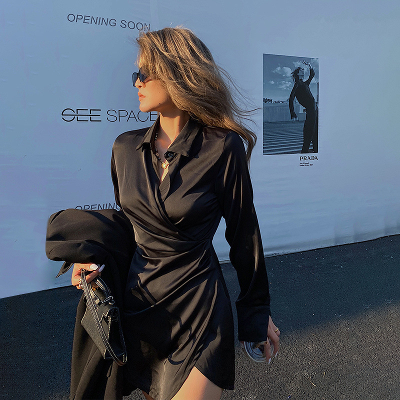 Design Sense French Niche Elegant Black dress Women Sexy Tight Waist Slimming Satin Shirt Skirt Design Sense French Niche Elegant Black dress Women Sexy Tight Waist Slimming Satin Shirt Skirt