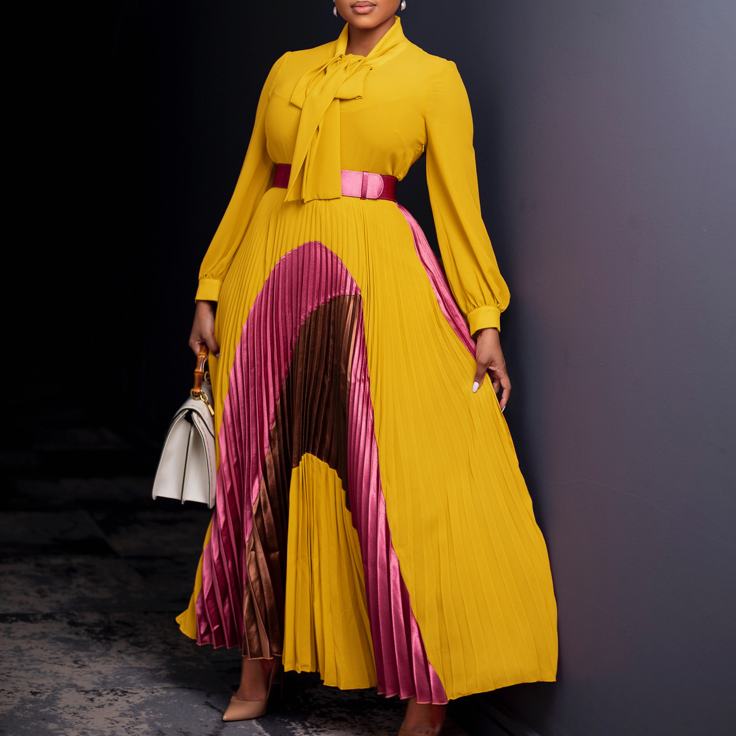 Long Sleeve Sleeve Length Wholesale Women's Elegant Belt Color Block Cocktail Party Shirt Collar Long Sleeve Sheath Dress