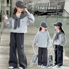 女孩拼色时尚叠穿披肩工装裤套装中大童春秋新款复古运动风两件套