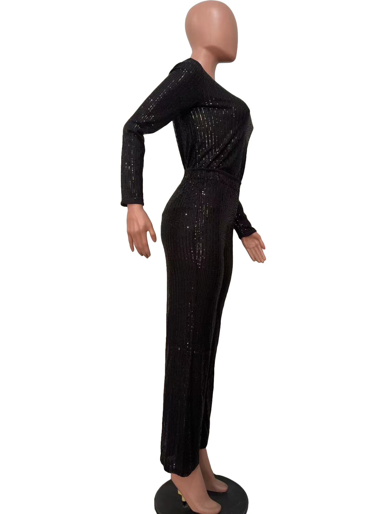 Women's Clothing new sequined solid color long sleeved trousers two piece set_voghion.com