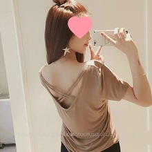 新款韩版气质短袖双v领T恤女夏装露背交叉性感宽松打底衫柒