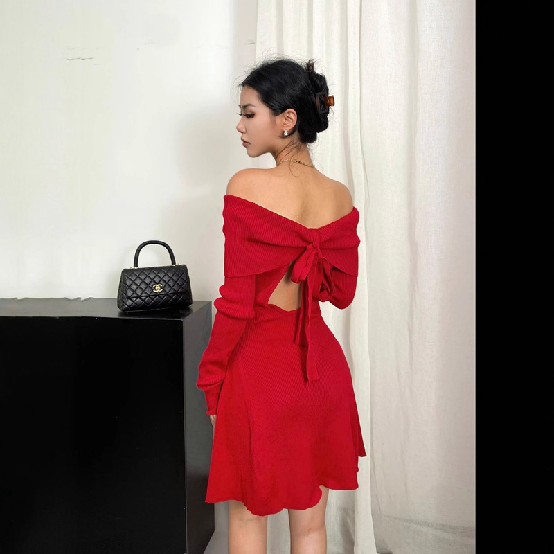 2025 New Autum Pure Color Sexy Sexy One-Shoulder Backless Mini Skirt A-Line Skirt Short Skirt Long-Sleeved Dress