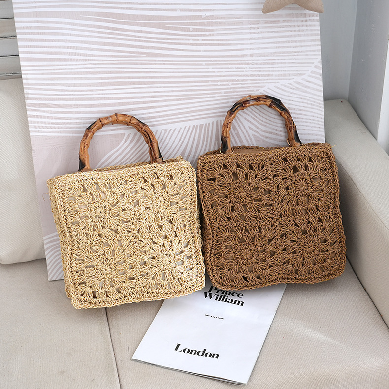 Strohtasche Mit Bambusgriff Und Blumen-applikation Für Damen_voghion.com