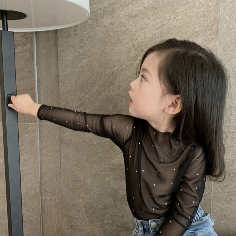 Children's Sunscreen Inner Lace Top Long-sleeved Hollow Mesh Korean T-shirt Transparent Mesh Drilling Base