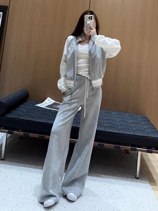 秋季撞色拼接休闲套装时尚百搭运动上衣外套南油女遮肉显瘦阔腿裤|undefined