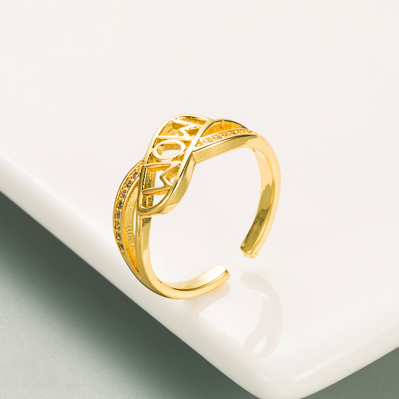 Letter Pattern Fashion Copper-plated Gold Micro-inlaid Color Zircon Ring