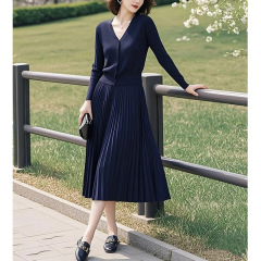 紺色のニットセットの婦人服2025春の新型韓国風カーディガンの上着のスカートの半分のスカートの2つのセット
