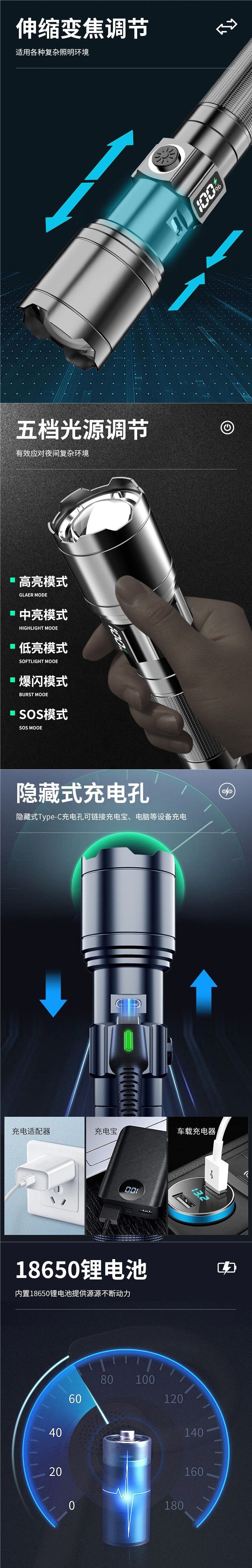 White laser high-brightness flashlight, small zoomable, ultra-long battery life, mini long-range ultra-bright portable cycling light