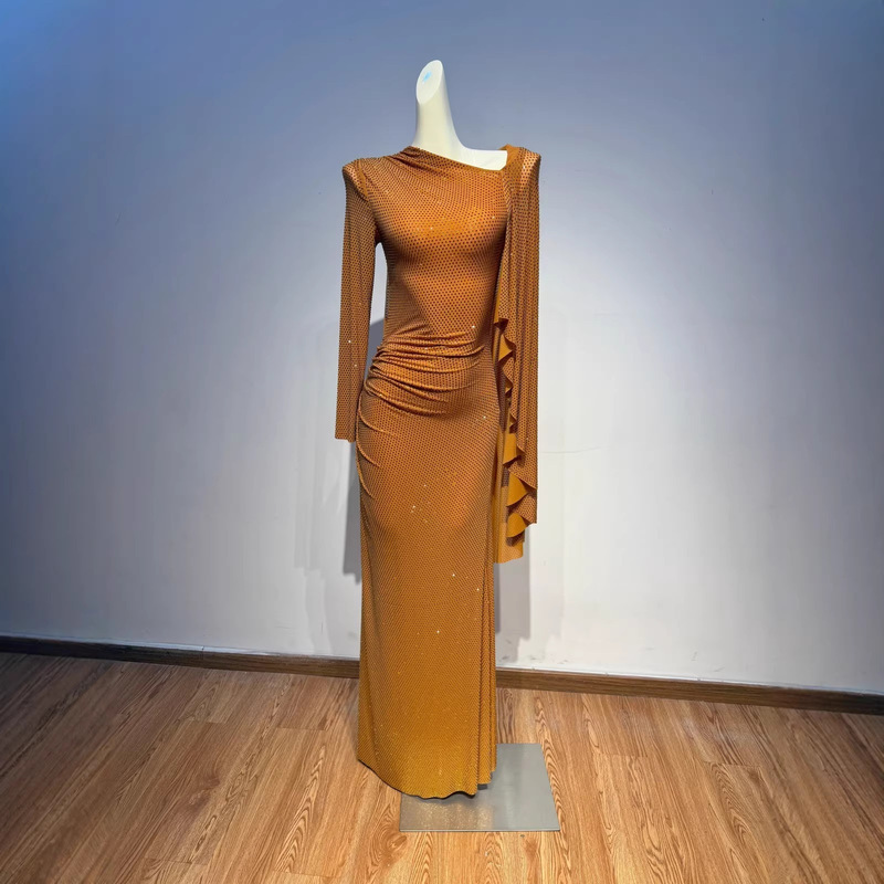 Elegant and Luxurious High-End Design with Asymmetrical Neckline, Long Sleeves, Shawl, Full Rhinestone Embellishment, Slim Fit, Bodycon Fishtail Long Dress, Birthday Gown