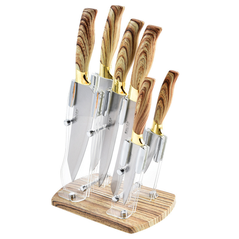 Conjunto de cuchillo de chef de siete piezas de acero inoxidable de doble galvanoplastia con mango de bambú, soporte de cuchillo afilado y duradero al por mayor