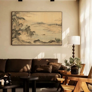 中古风山水装饰画客厅沙发背景挂画玄关卧室国风湖山春暖图壁画