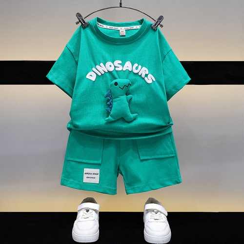 Summer Thin Set Children's Clothing for Young Boys - 3D Dinosaur T-Shirt and 5/8 Pants Two-Piece Set