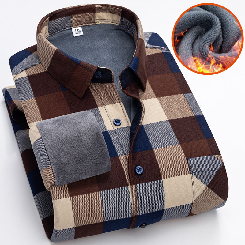 Winter Thickeneded Velvet Brushed Plaid Shirt Men's Long-Sleeved Middle-Aged Dad's Double-Sided Velvet Warm Shirt Large Size