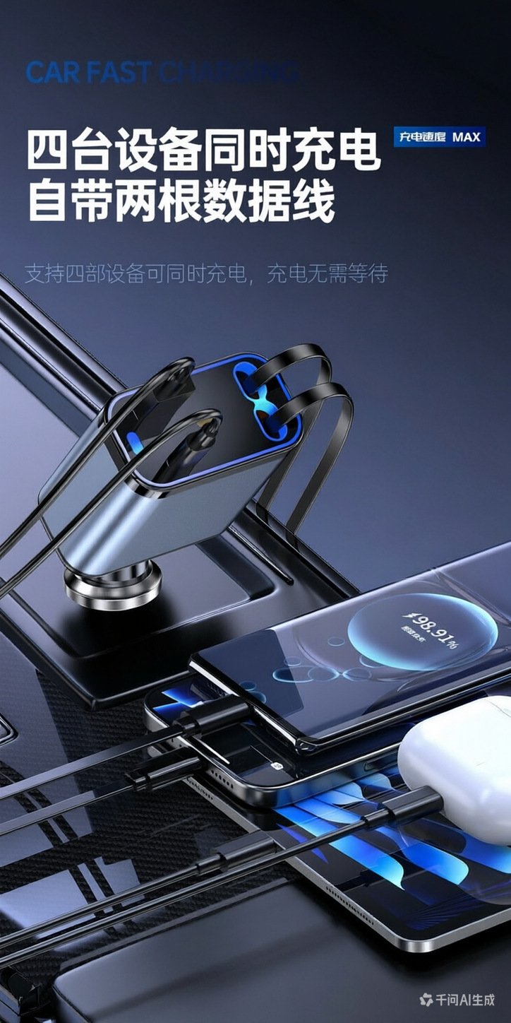 Starry Sky Light Car Charger 120W Digital Display 4-in-1 Retractable Cable Car Charger Aluminum Alloy Fast Charging Flash Charging