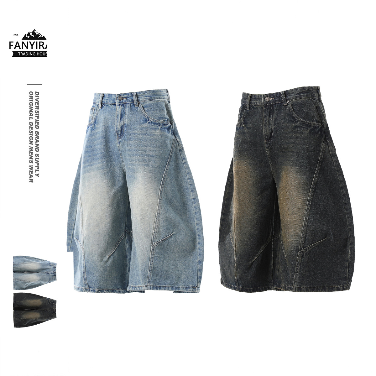 American Retro Loose Silhouette Washed Distressed Cropped Pants Summer Design Wide-Leg Jeans for Men and Women