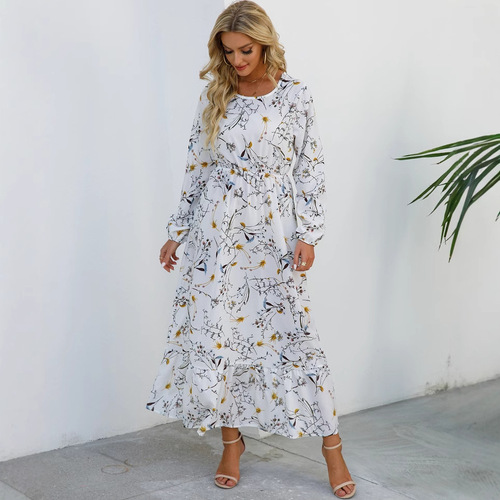 Spring and Autumn Embroidered Chiffon Dress with Waist Cinching, Slimming Long Sleeve Round Neck, Long Print Dress for Girls