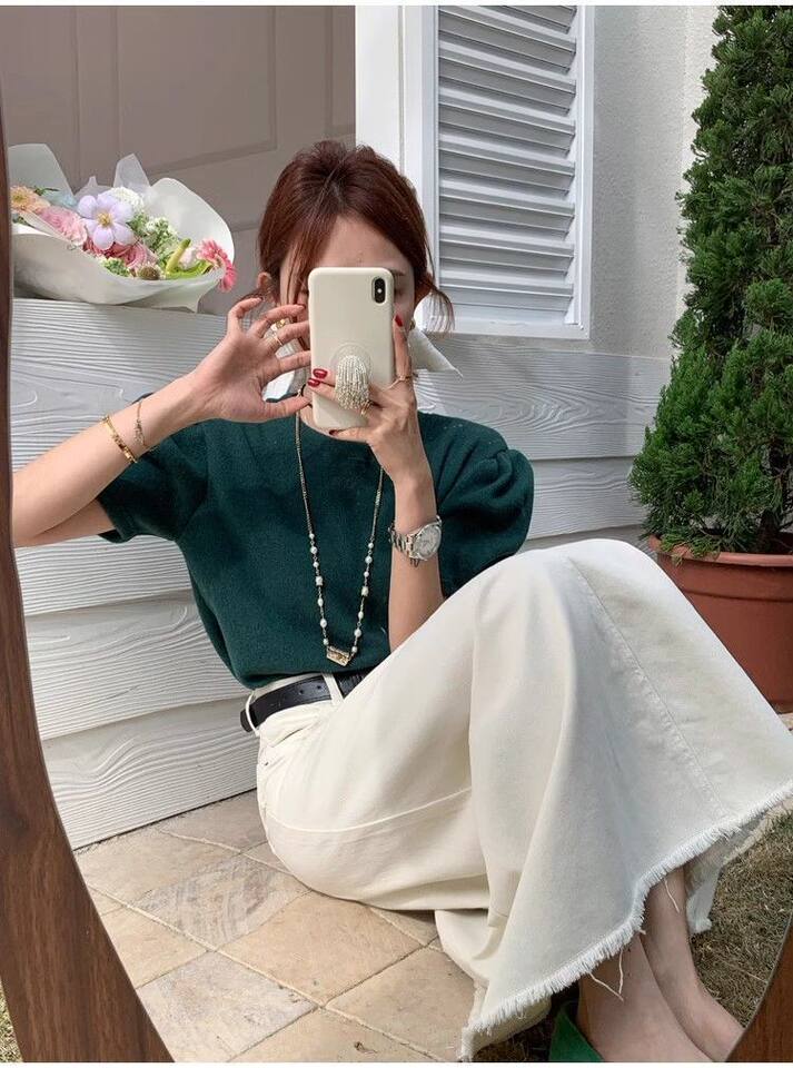Chân váy denim nữ cạp cao dáng chữ A đuôi cá dài trung bình viền xù — Màu trắng nhạt (chất lượng cao) chi tiết 7