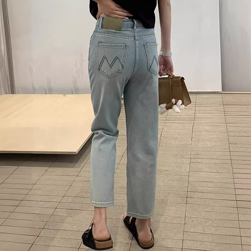 Korean Style Straight Leg Stretch Cropped French Stick Pants Women's Summer 2024 New High Waist Narrow Wide Leg Straight Jeans