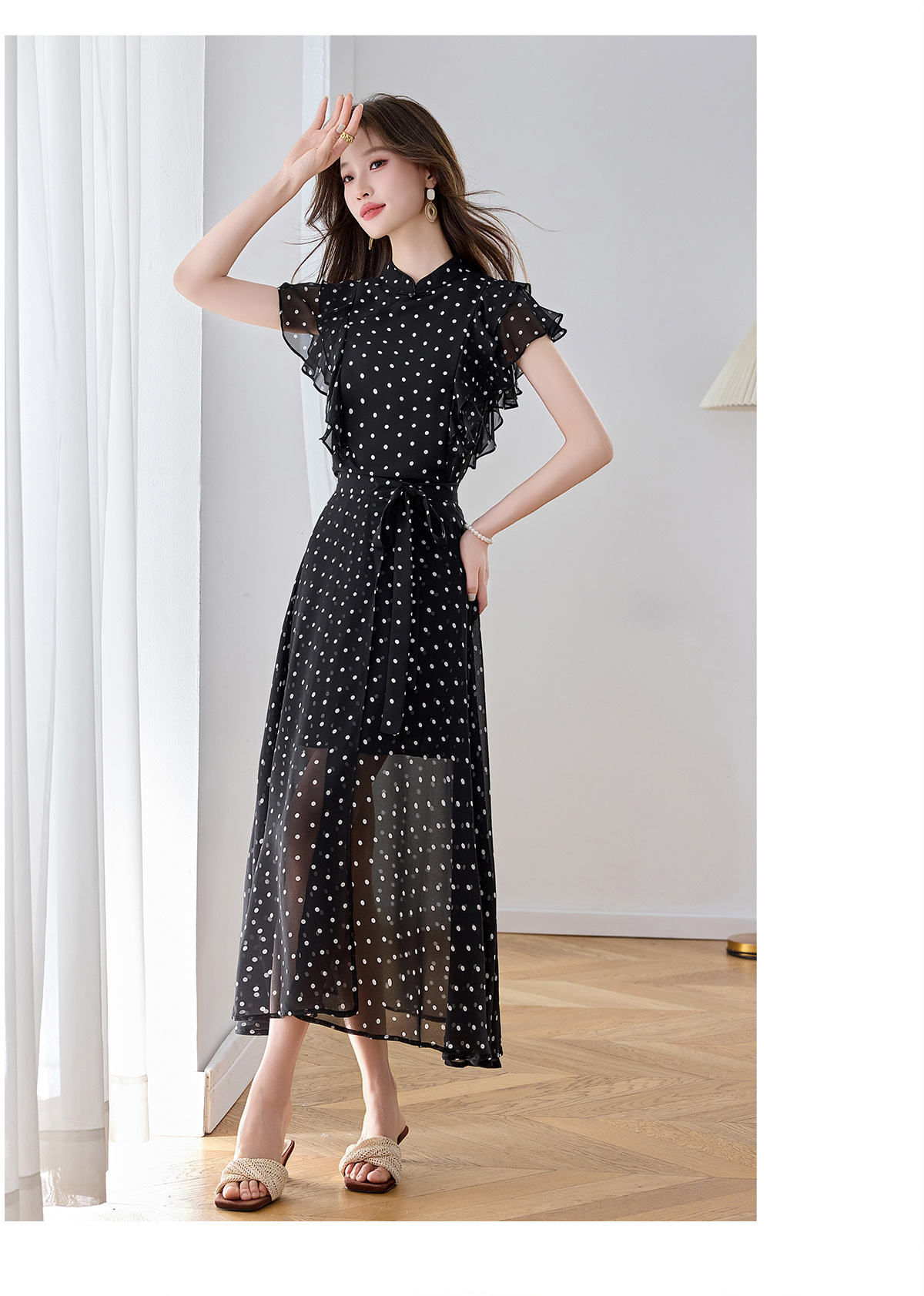 Đầm maxi nữ thắt eo họa tiết hoa nhí hai dây mặc hai kiểu Z5718 — Hoa đỏ, Chấm tròn chi tiết 11