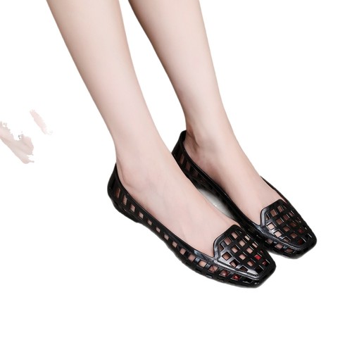 Square Head Flat Bottom Sandals Women Summer Outdoor Hollowed Out Toe Covering Heel Jelly Shoes Absolutely Beautiful Small Heel Low-Heeled Fashion Single Shoes 